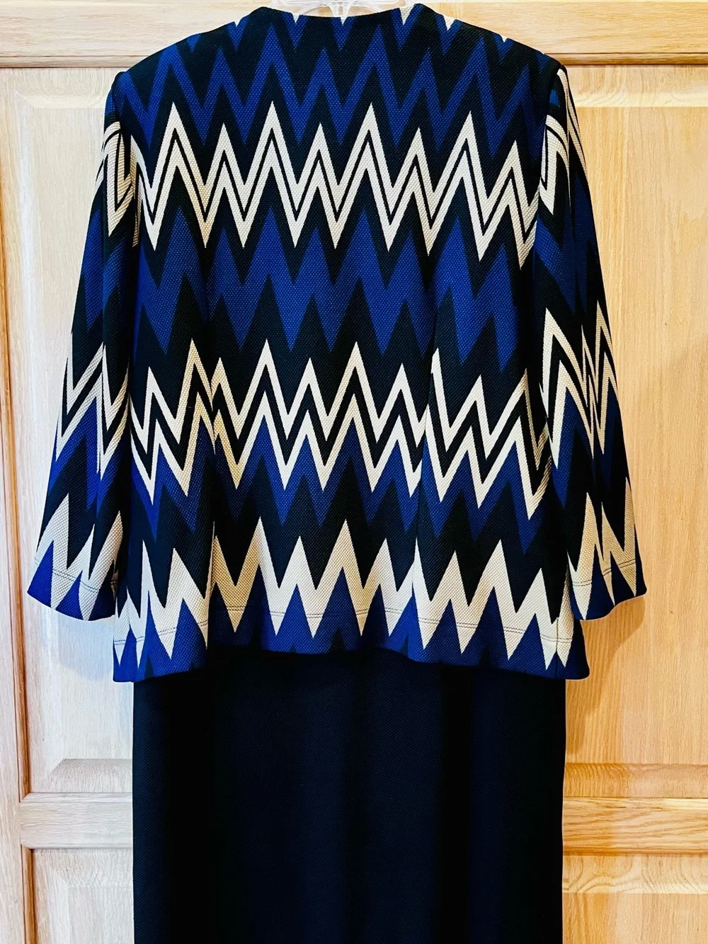 Danny & Nicole Blue, Black and Cream Chevron Sleeveless Dress and Jacket Set.